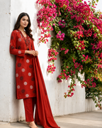 Red Floral Printed Cotton Kurta Set with Dupatta