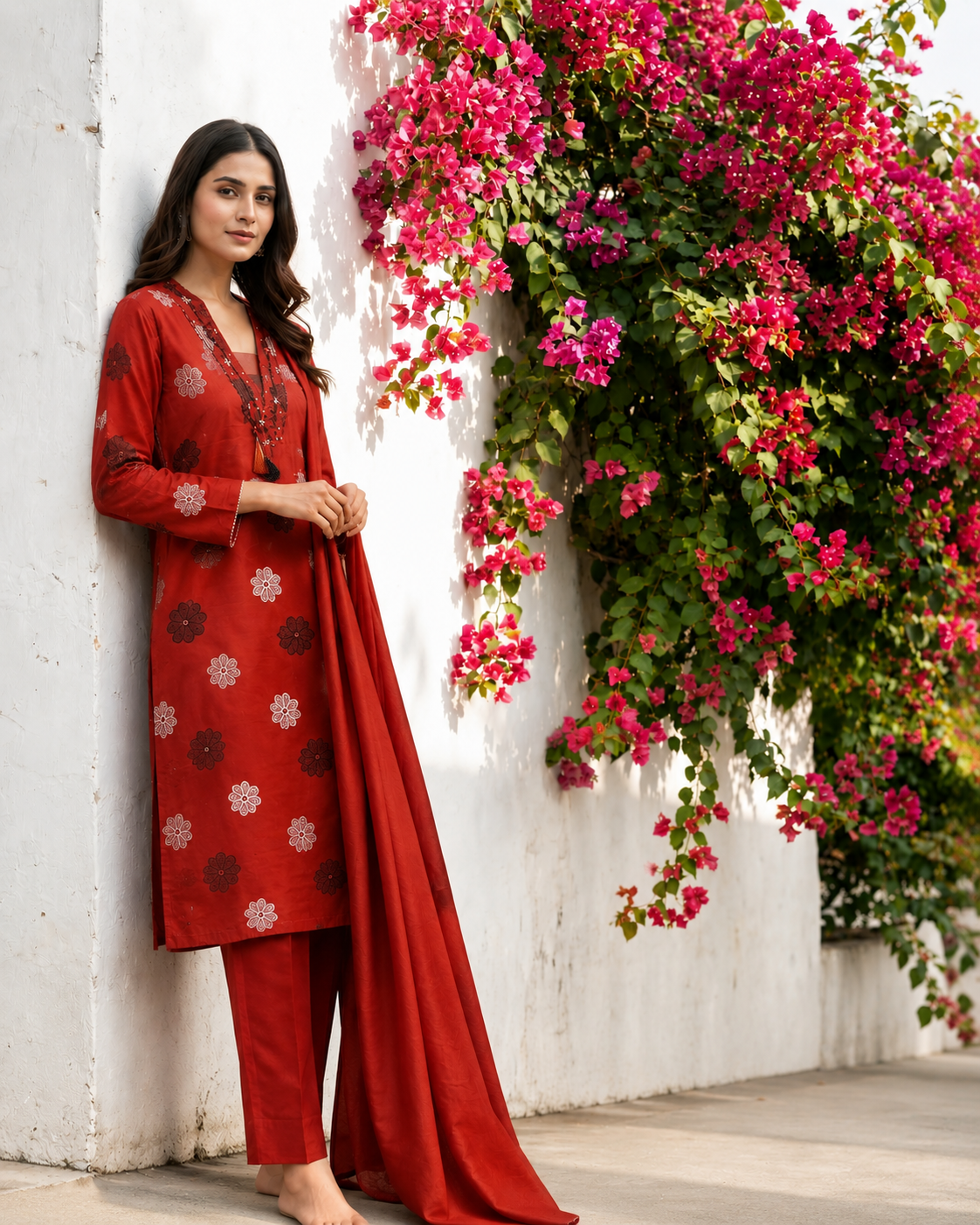 Red Floral Printed Cotton Kurta Set with Dupatta