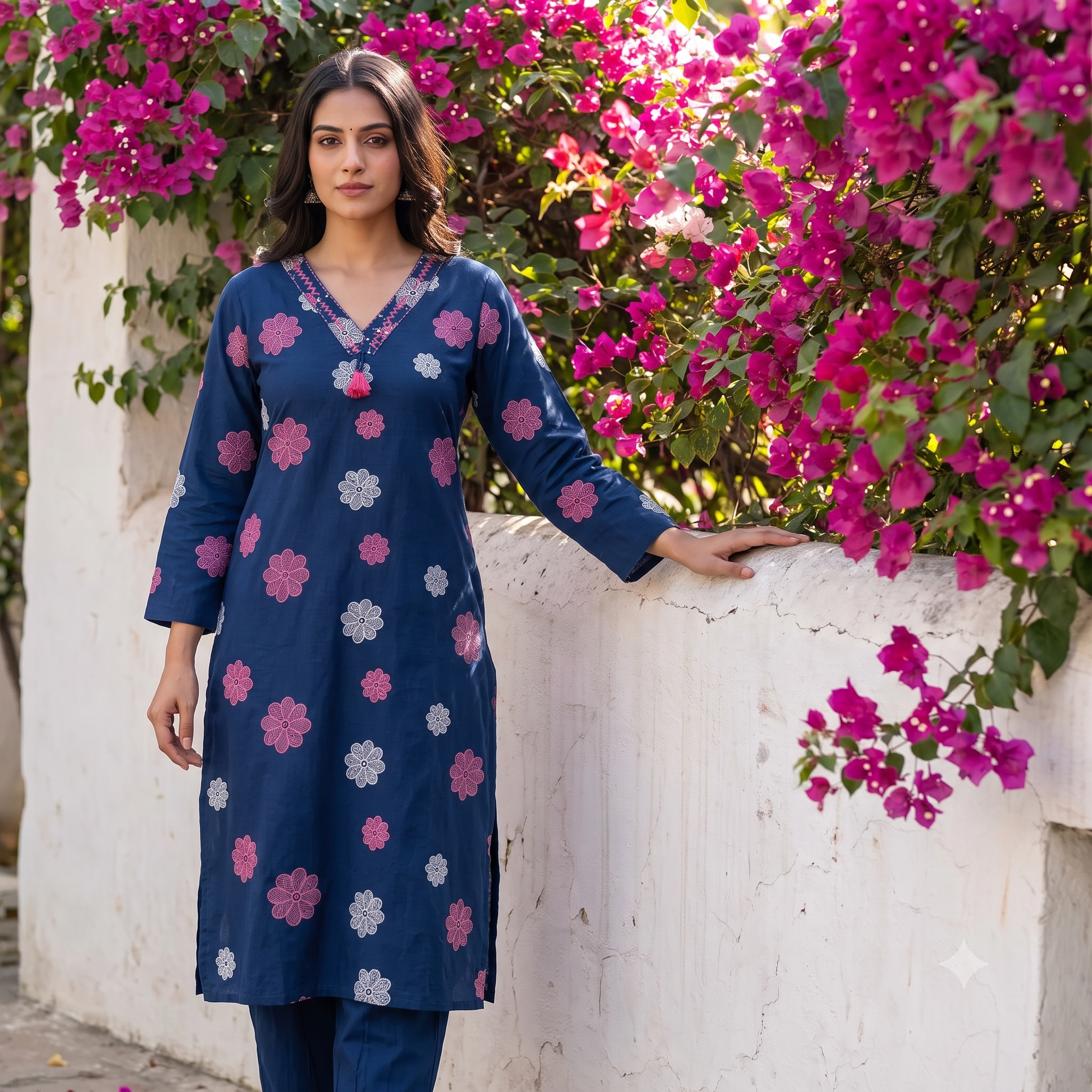 Blue Floral Printed Cotton Kurta Set with Dupatta