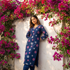 Blue Floral Printed Cotton Kurta Set with Dupatta