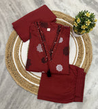 Red Floral Printed Cotton Kurta Set with Dupatta