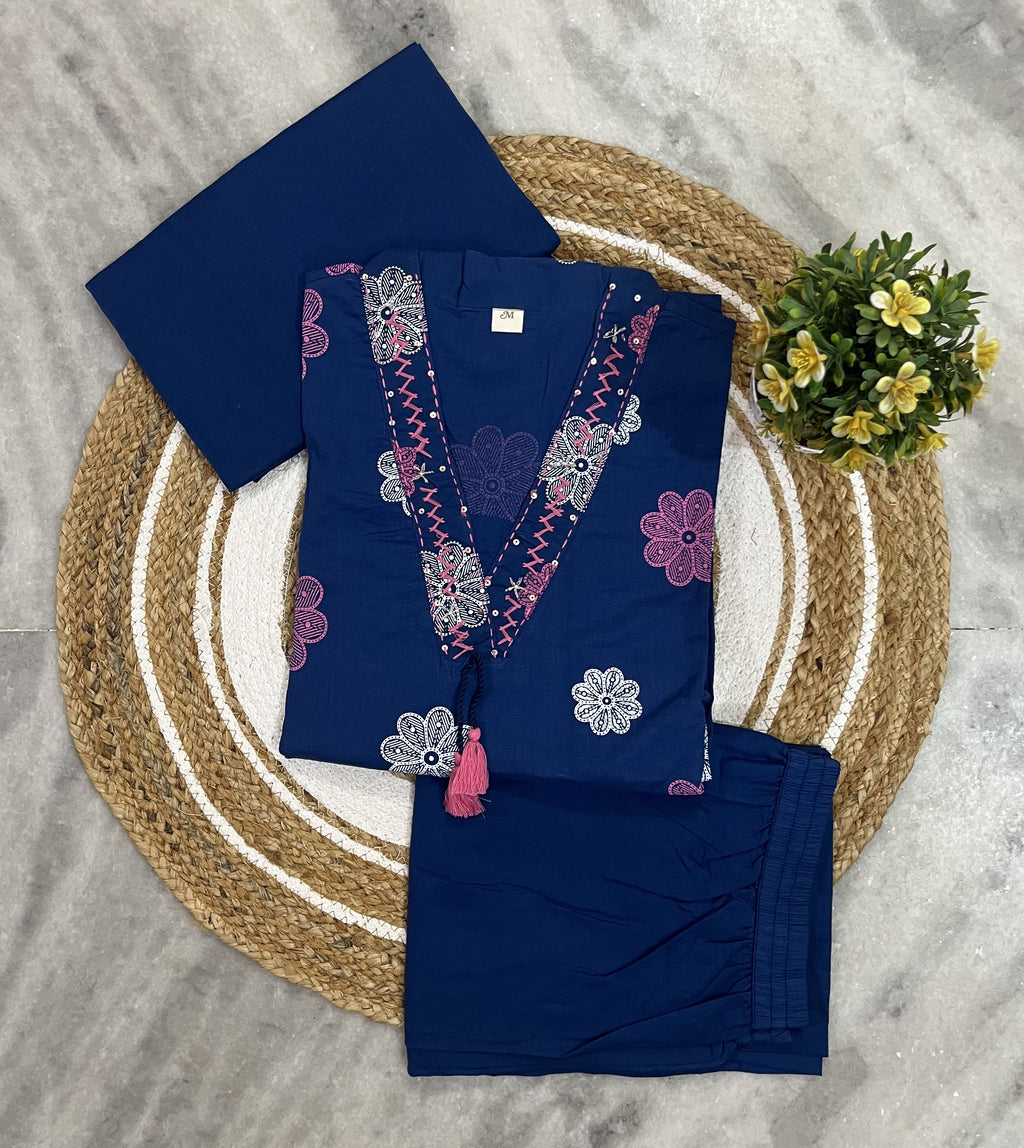 Blue Floral Printed Cotton Kurta Set with Dupatta