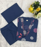 Blue Floral Printed Cotton Kurta Set with Dupatta