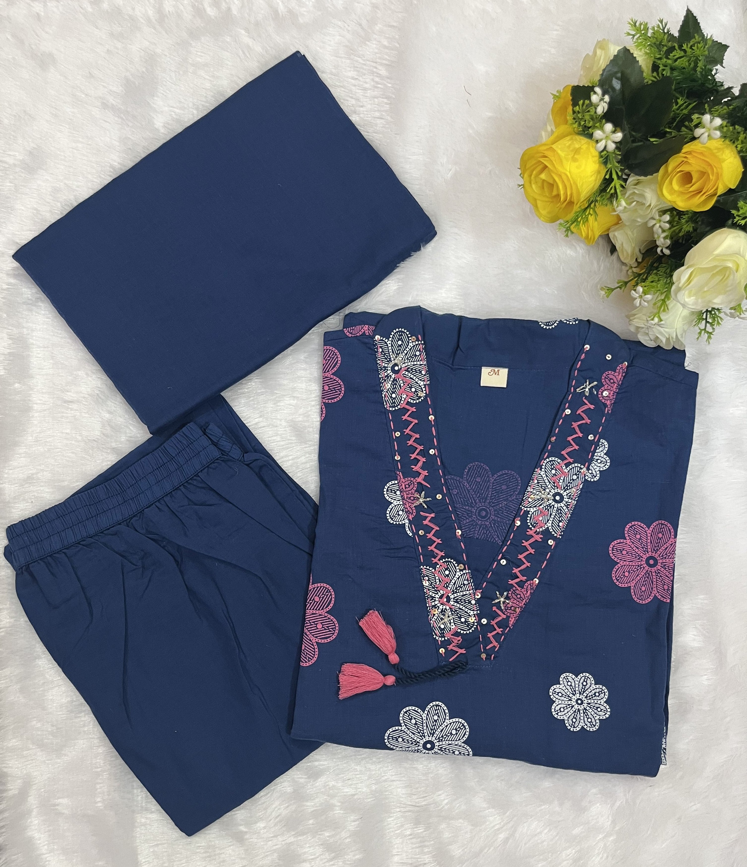 Blue Floral Printed Cotton Kurta Set with Dupatta