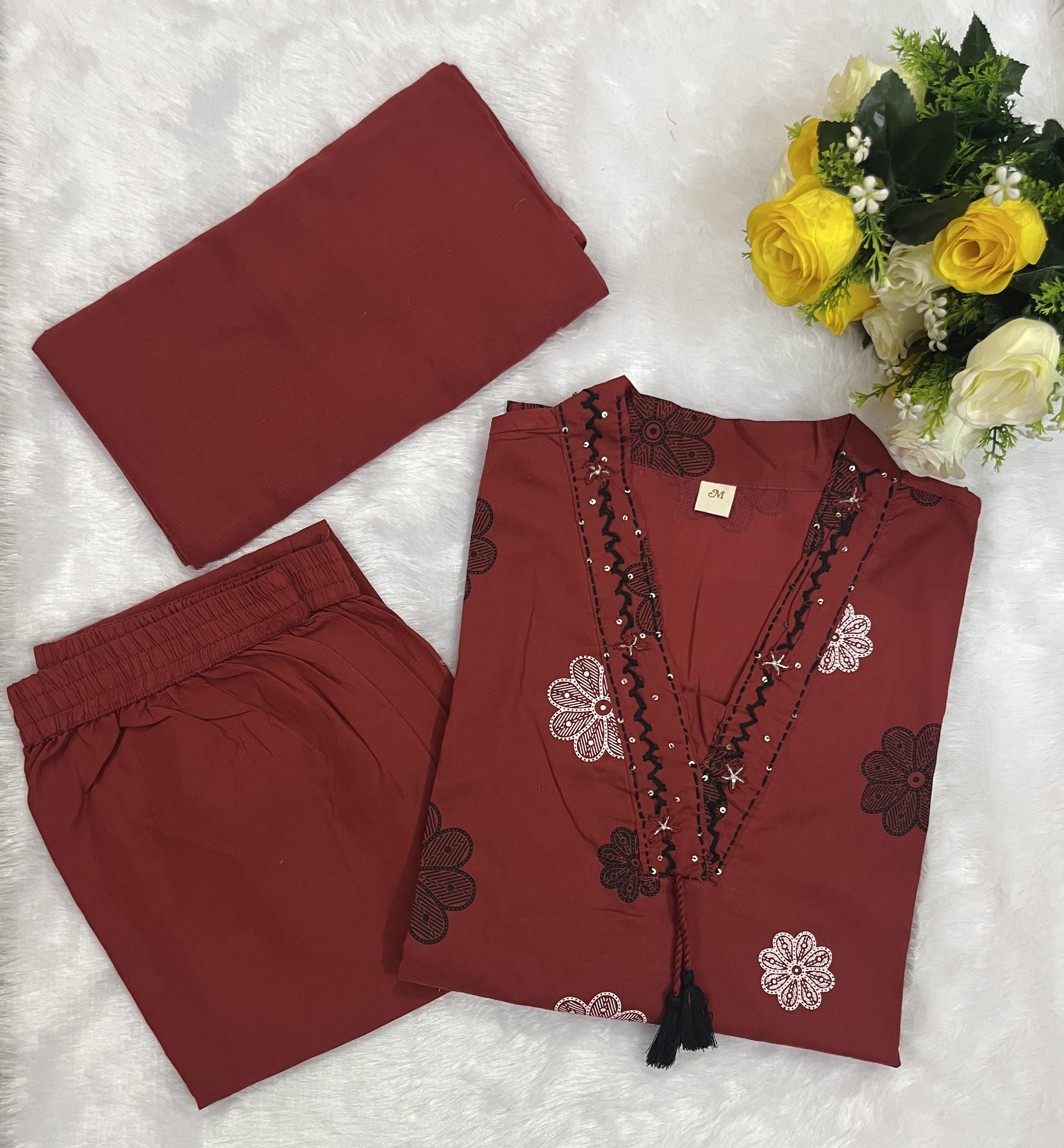 Red Floral Printed Cotton Kurta Set with Dupatta