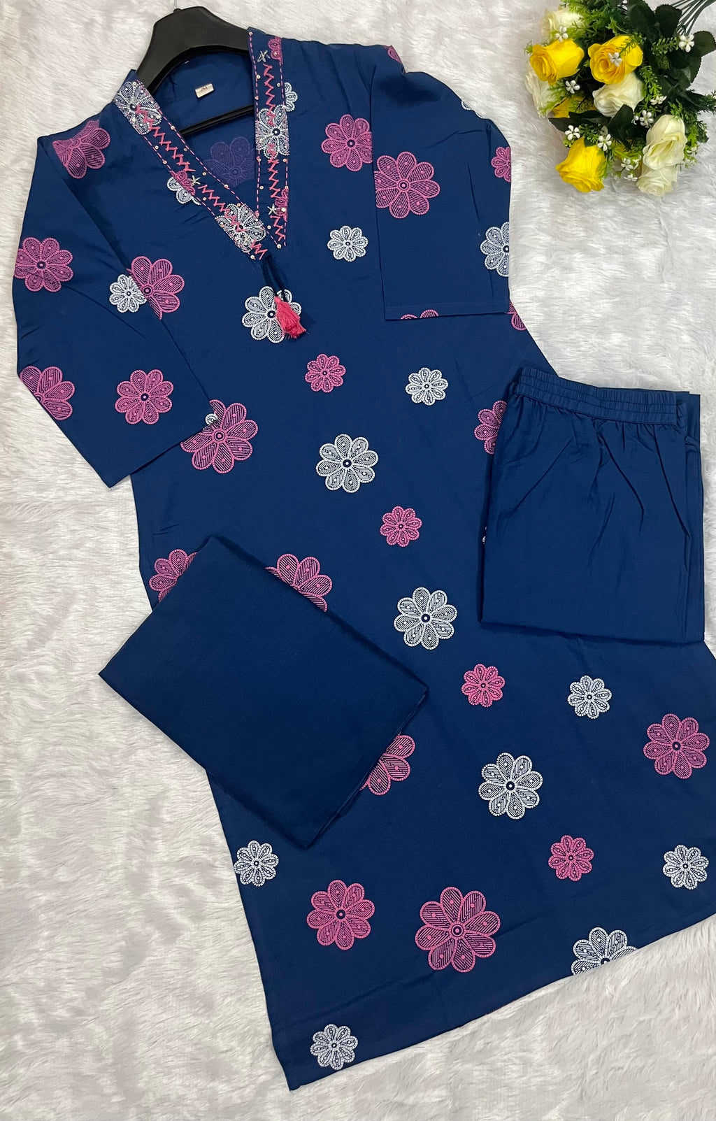 Blue Floral Printed Cotton Kurta Set with Dupatta