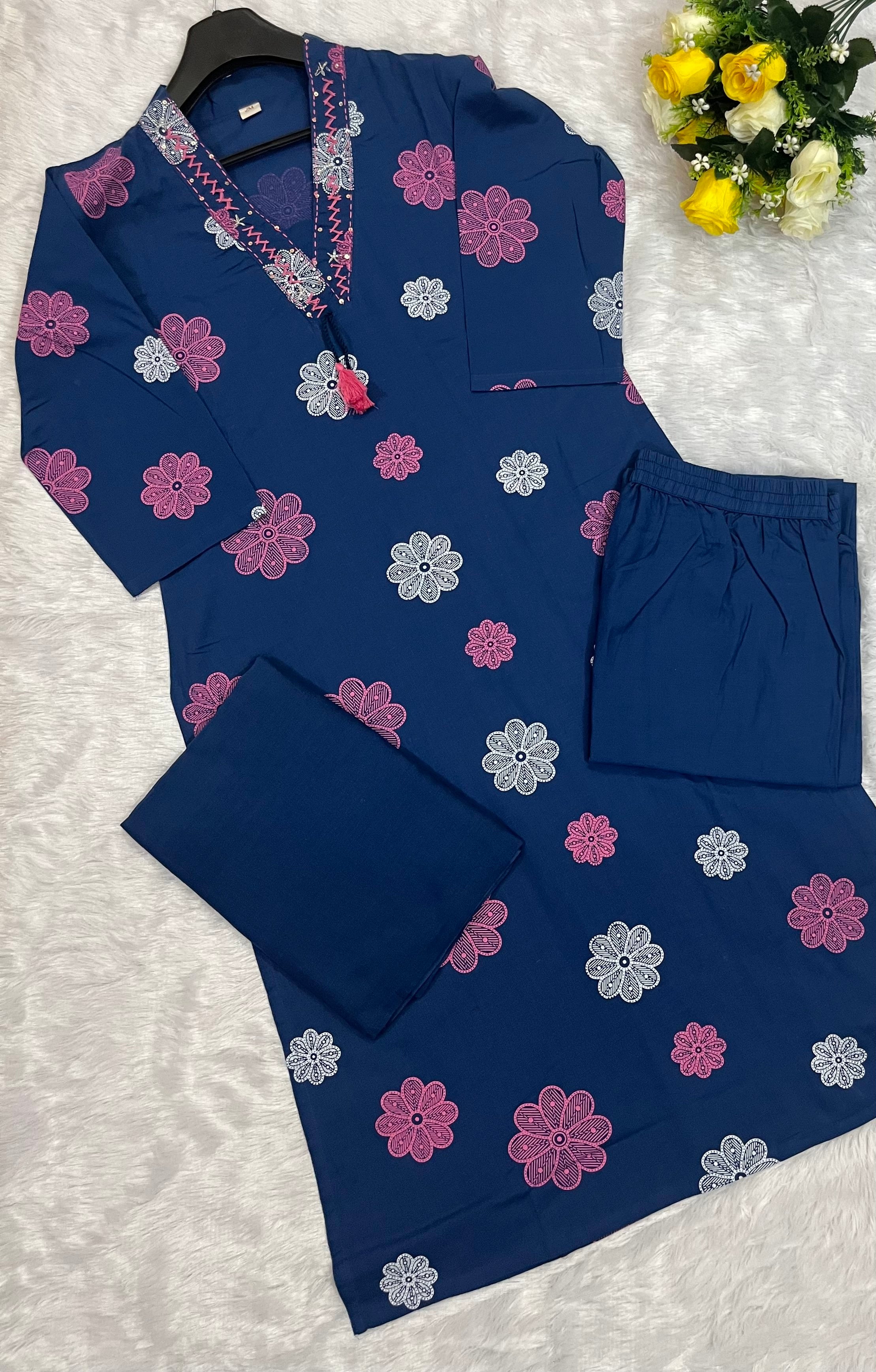 Blue Floral Printed Cotton Kurta Set with Dupatta