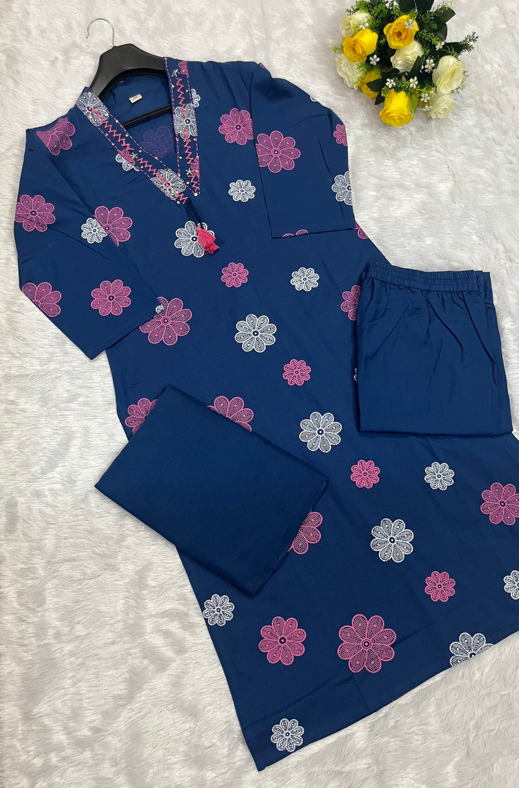 Blue Floral Printed Cotton Kurta Set with Dupatta