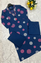 Blue Floral Printed Cotton Kurta Set with Dupatta