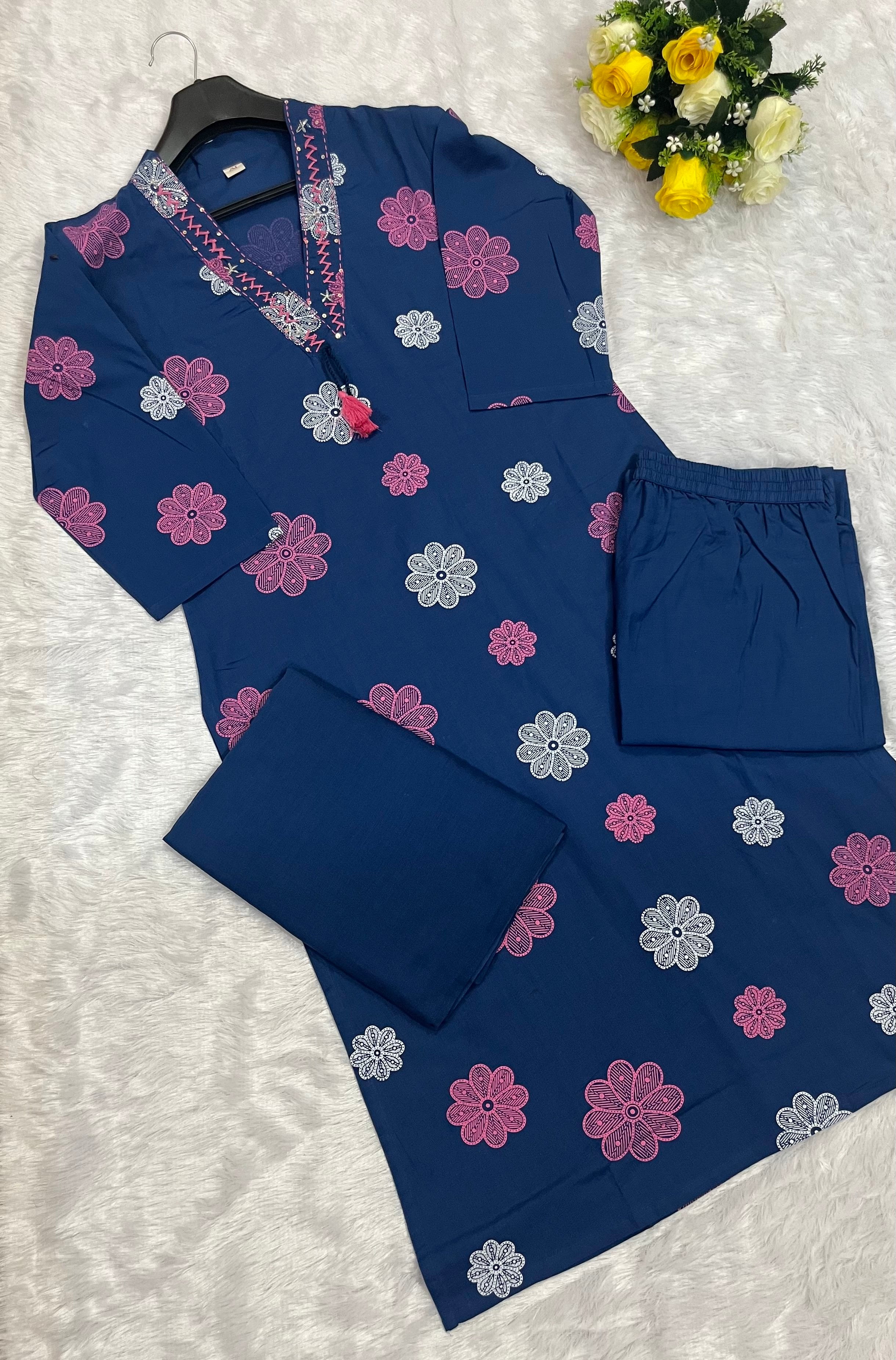 Blue Floral Printed Cotton Kurta Set with Dupatta
