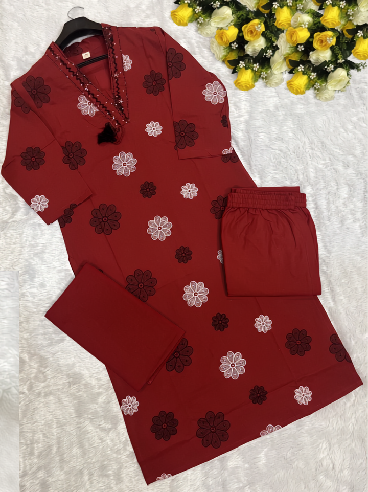 Red Floral Printed Cotton Kurta Set with Dupatta