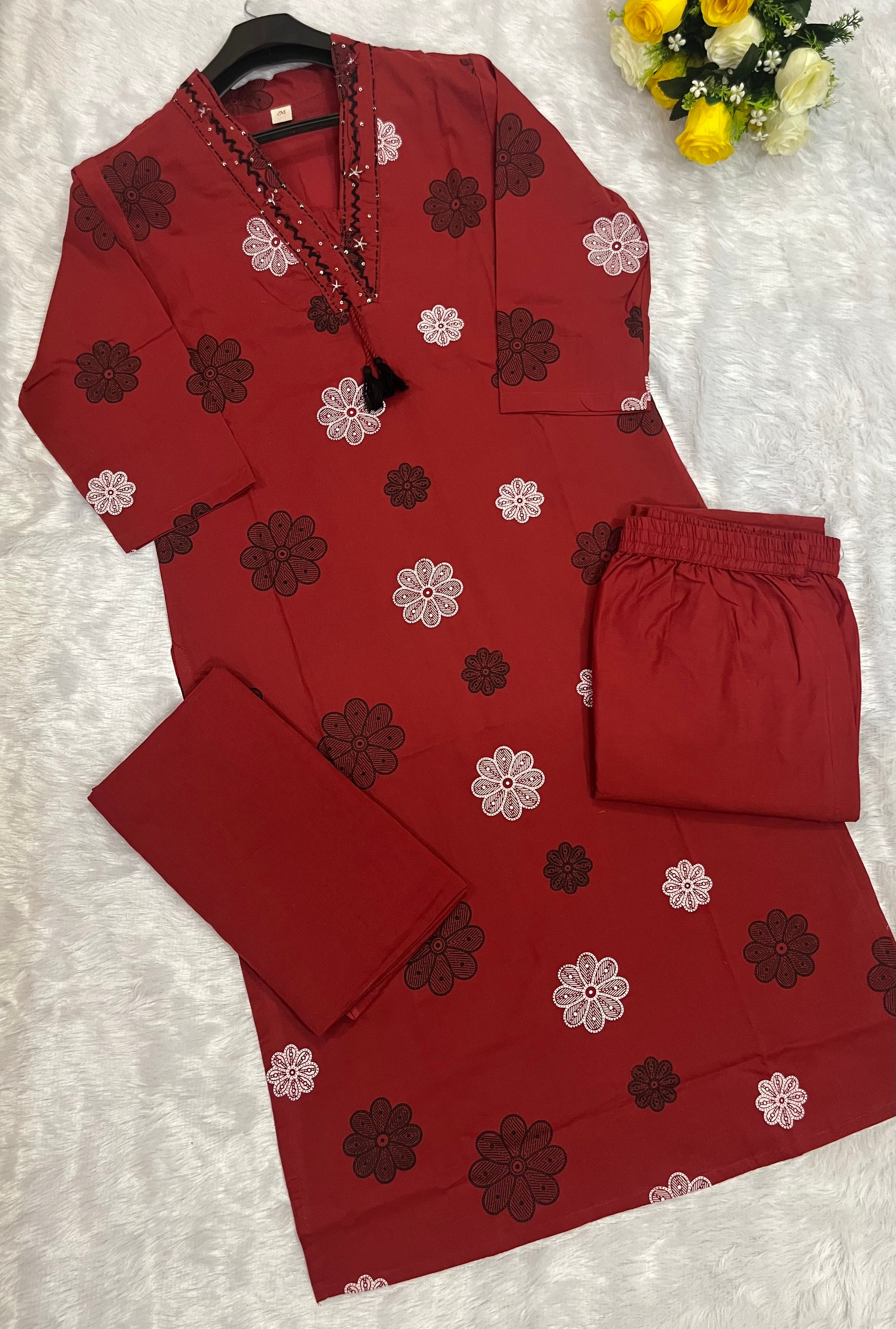Red Floral Printed Cotton Kurta Set with Dupatta